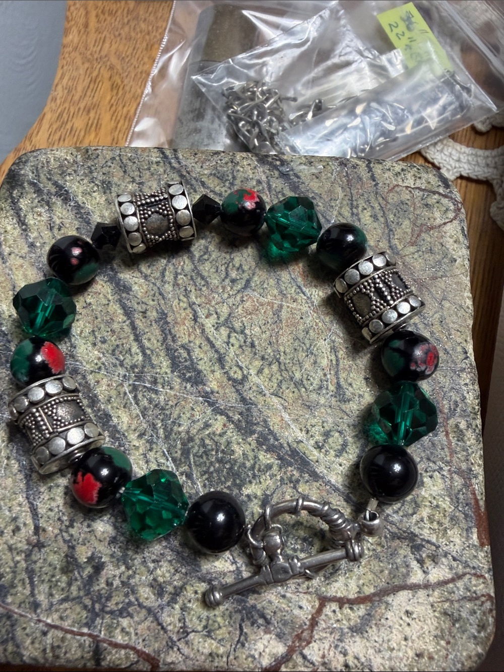 Sterling Ceramic & Crystal Beaded Bracelet Handmade